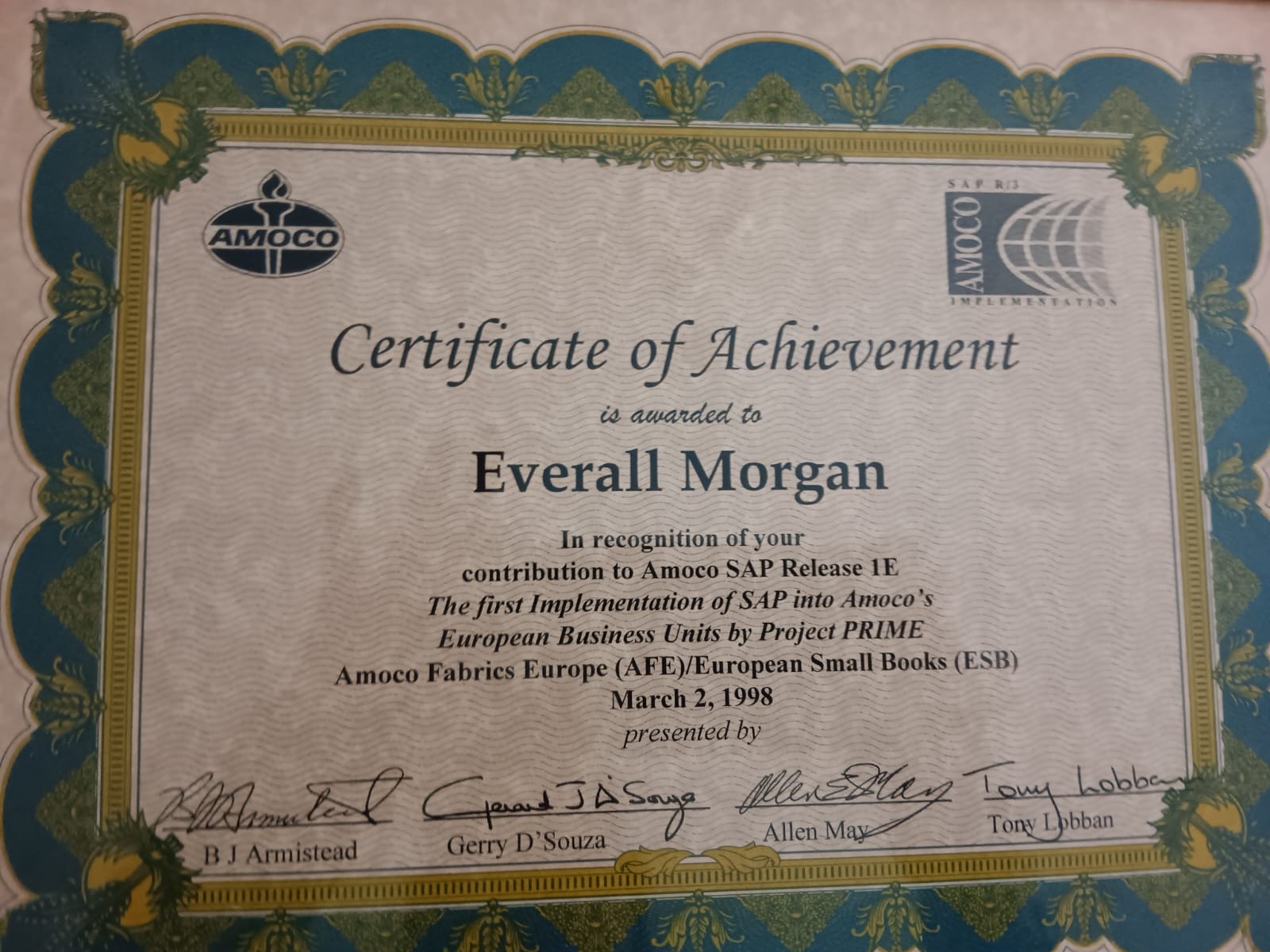 Ev Certificate - Amoco SAP